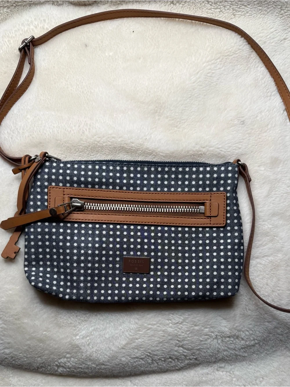 Fossil Navy Polka Dot Crossbody Bag Cognac Brown Trim Adjustable Strap